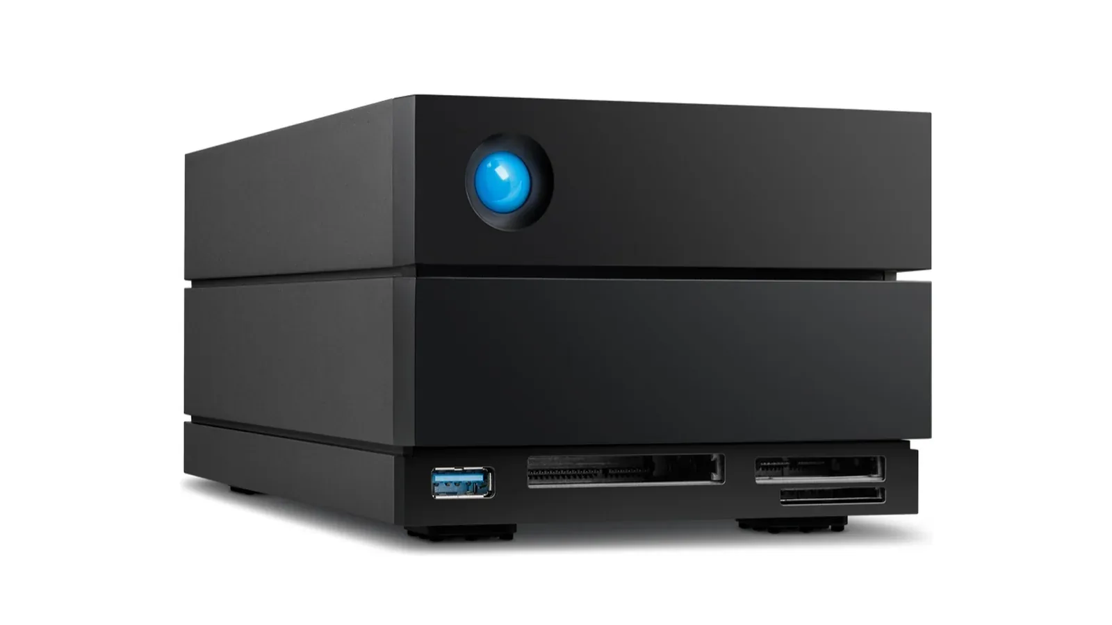LaCie 2big Dock two-bay desktop RAID with card reader slots and a USB port on the front