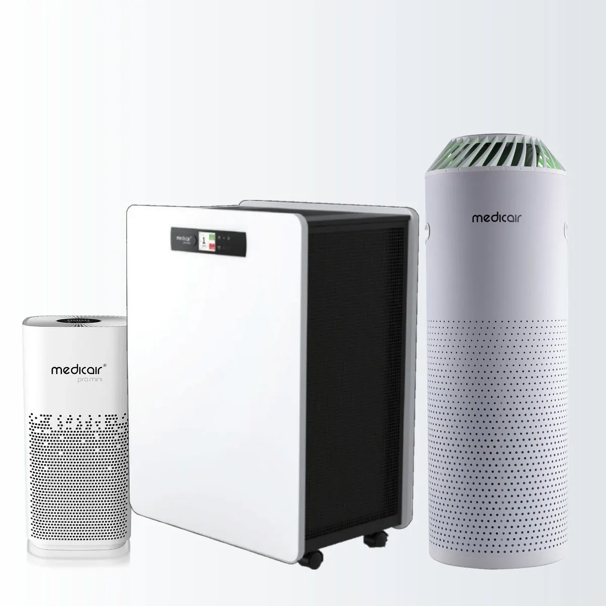MedicAir Pro Mini, Pro and Pro Max air purifiers side by side