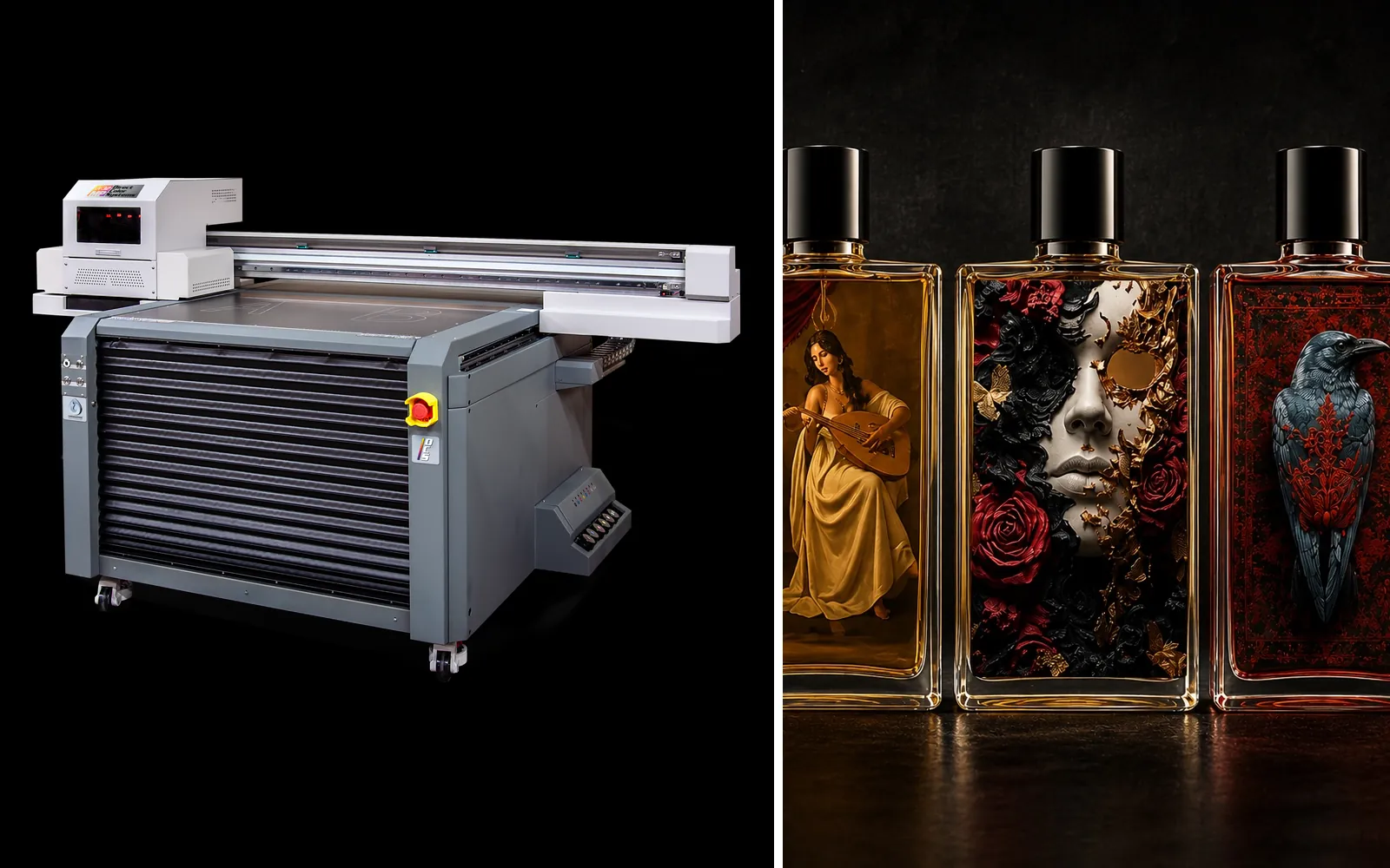 Direct Color Systems UV-32 flatbed printer, next to perfume bottles printed in full colour