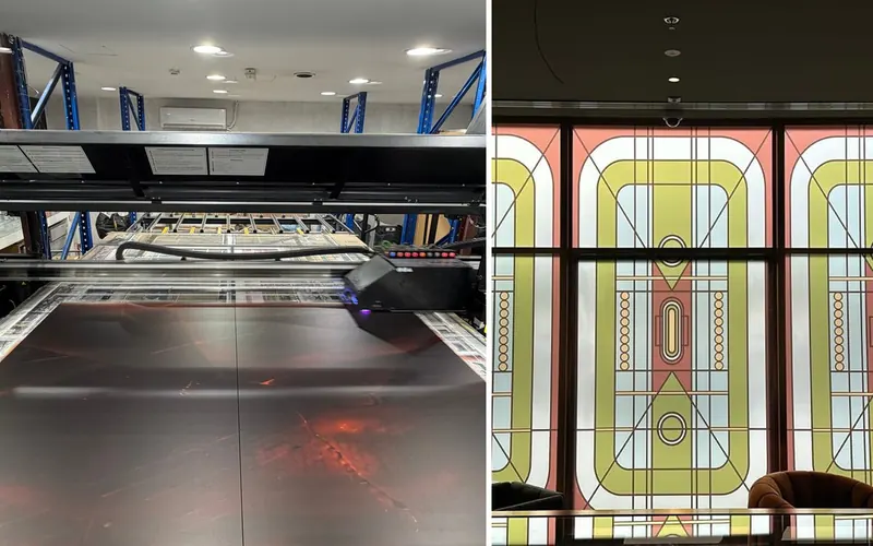 IQDEMY EVO printer printing glass panels, next to a printed decorative glass wall