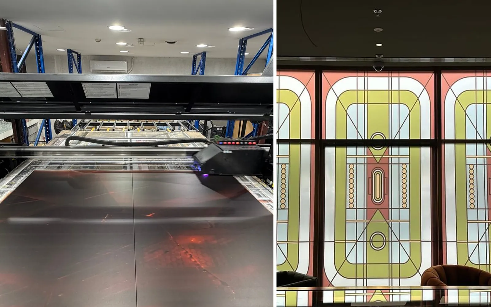 IQDEMY EVO printer printing glass panels, next to a printed decorative glass wall