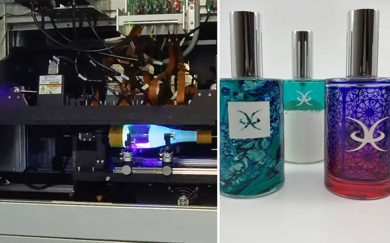 LSINC PERI ONE printing a glass bottle, next to perfume bottles printed on an LSINC printer