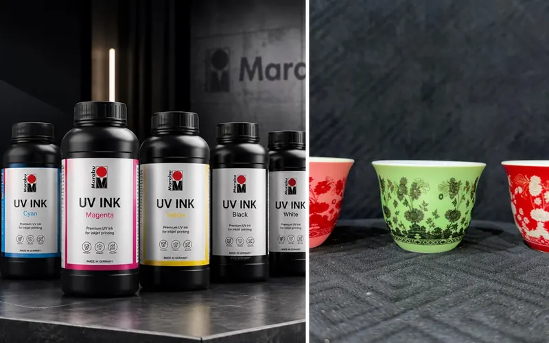 Marabu UV inks next to UV-printed floral coffee cups