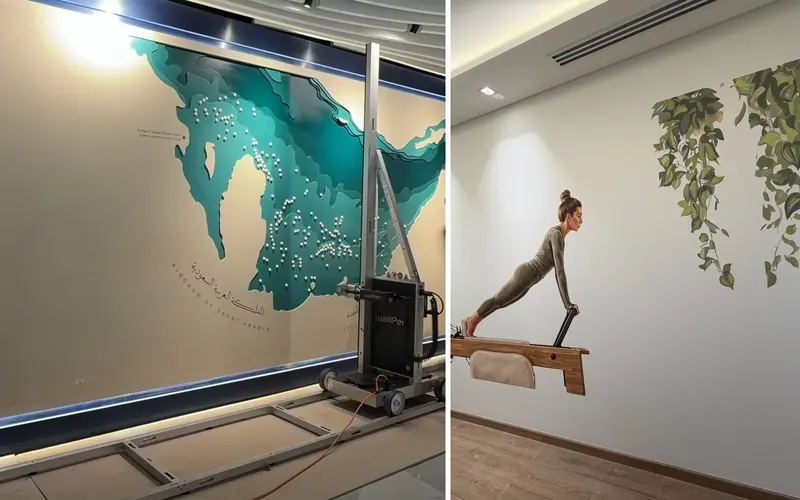 wallPen E2 on floor rails printing a map mural, next to a pilates studio wall printed with wallPen