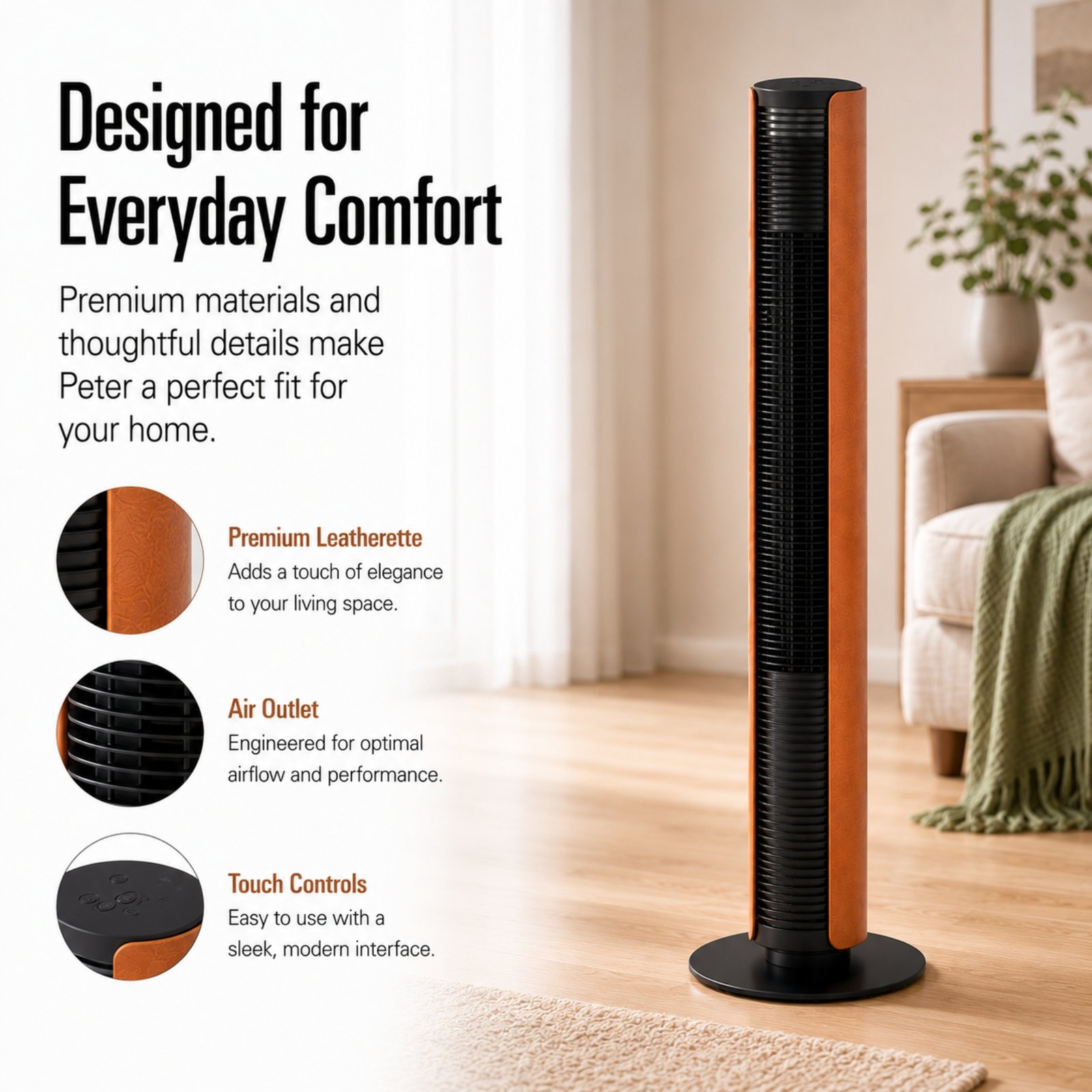 Stadler Form Peter Leatherette Swiss Design Column Fan Timer, Oscillation, Remote Control 6 Speed Levels Leatherette, Low Energy Consumption, 2-Year Warranty by Manufacturer + Local Support - Image 8